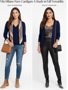 Vila Milano Women's Navy Blue Button-Front Crewneck Cardigan